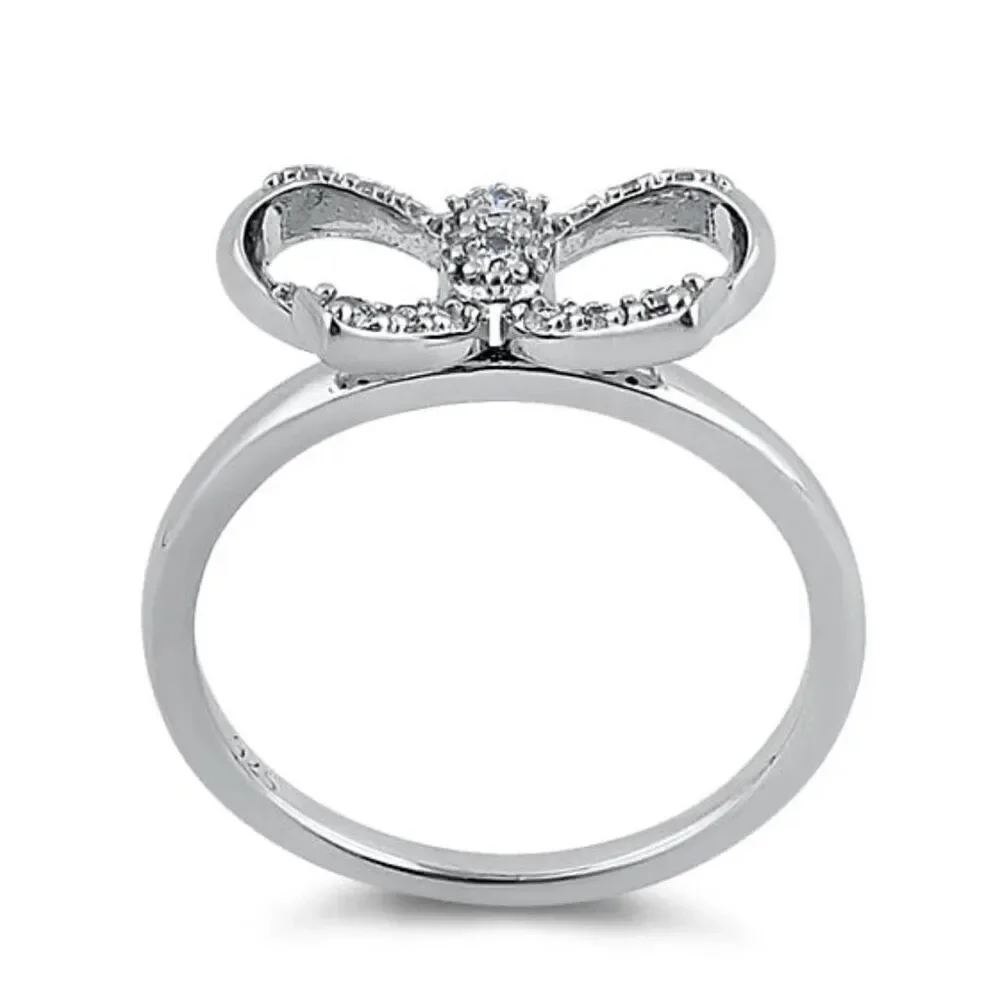 Sterling Silver Clear Bow Ribbon CZ Ring New